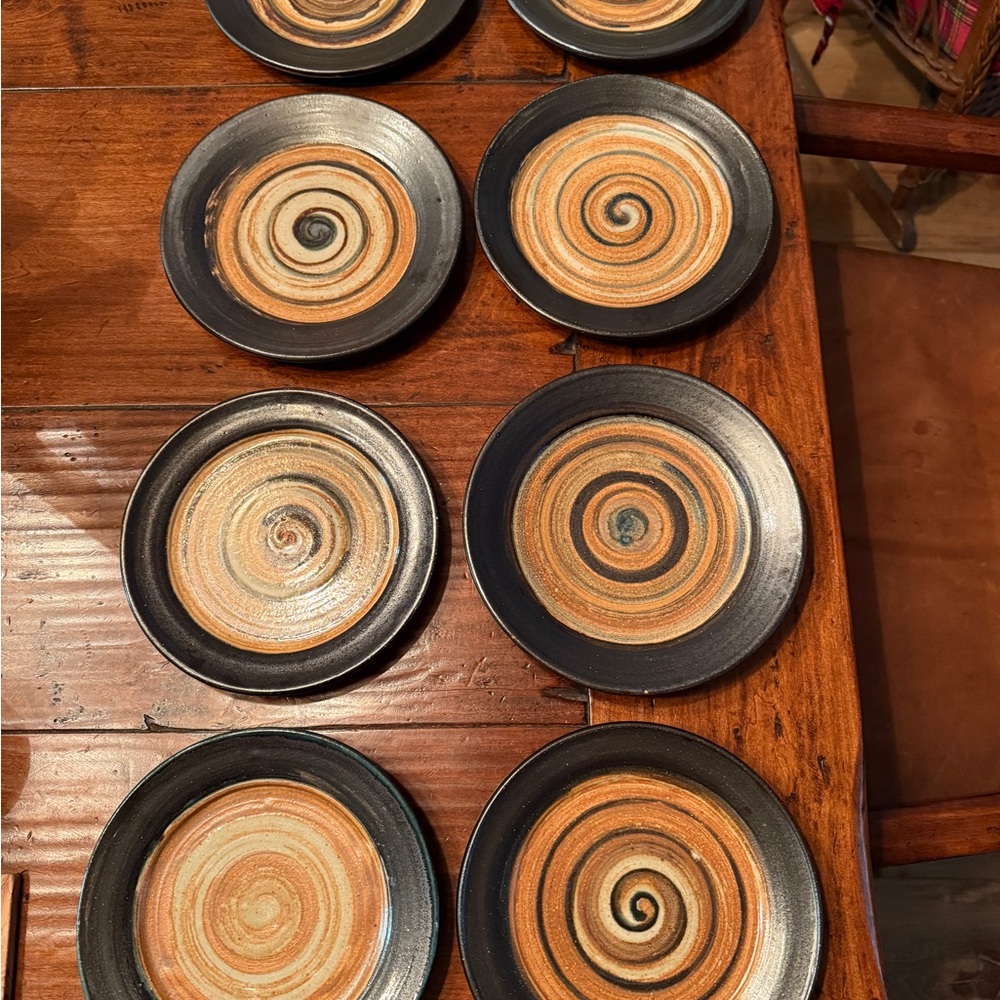 Artisan Handmade pottery spun , signed 8  Plate Set - Black and Tan. Unique